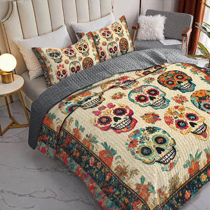 Shineful All Season Quilt 3-Piece Set Vintage Skull Bouquet