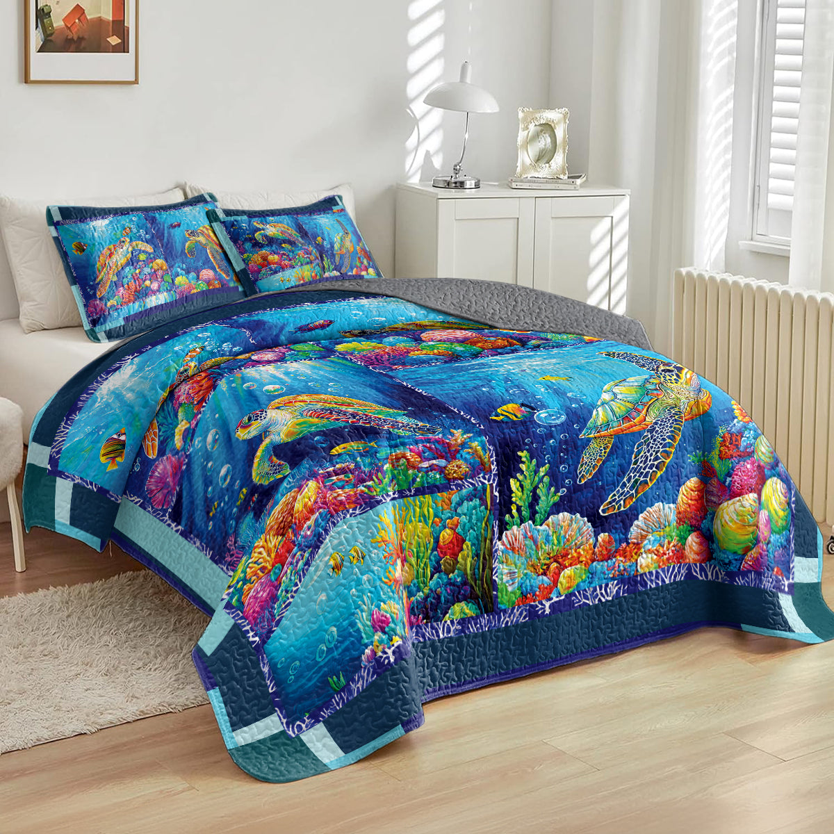 Shineful All Season Quilt 3-Piece Set - Sea Turtle And Vibrant Ocean Life