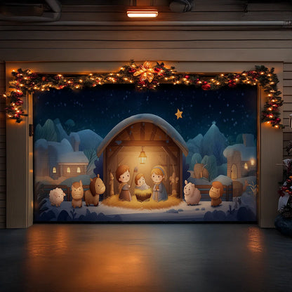 Shineful Garage Door Banner Decoration Holy Family Cartoon Nativity
