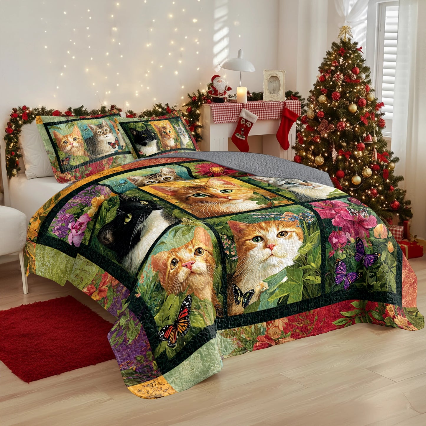 Shineful All Season Quilt 3-Piece Set Meadow Garden Cats