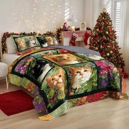 Shineful All Season Quilt 3-Piece Set Meadow Garden Cats