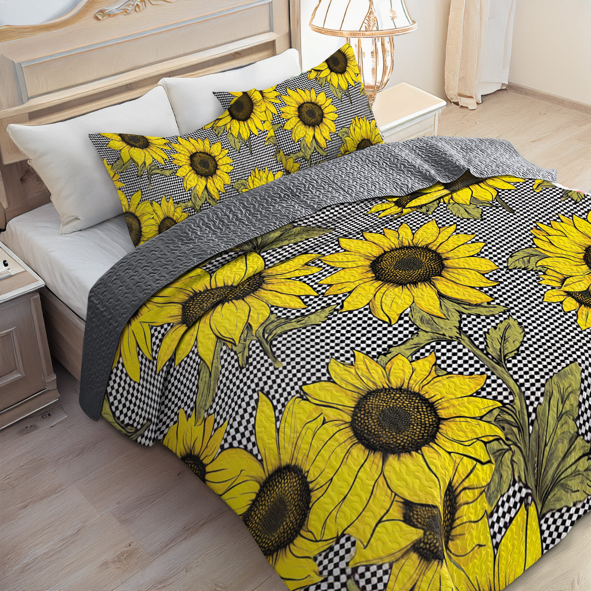Shineful All Season Quilt 3-Piece Set Classic Sunflower And Plaid Pattern
