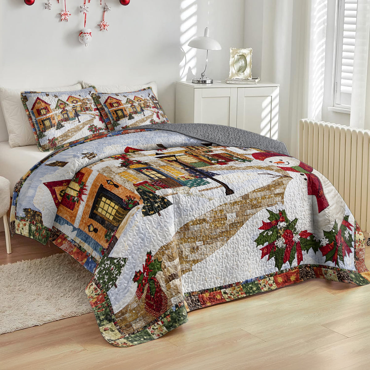 Shineful All Season Quilt 3-Piece Set Festive Snowman Village