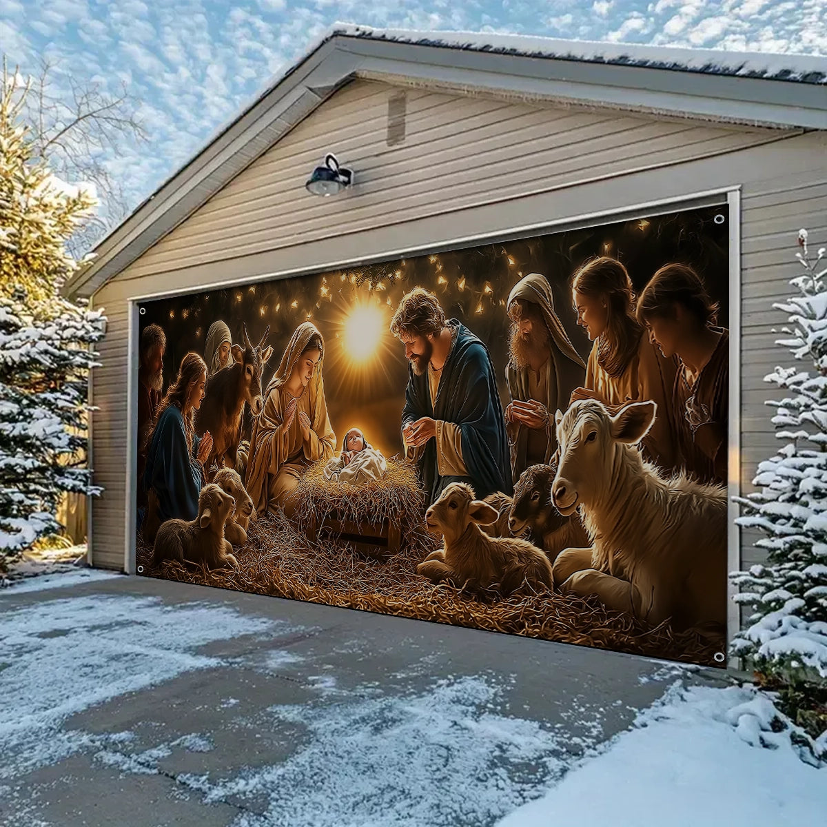 Shineful Garage Door Banner Decoration Peaceful Nativity Scene