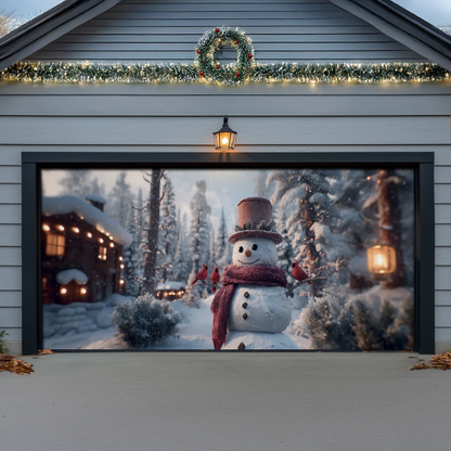Shineful Garage Door Banner Decoration Snowman & Cardinals Winter Cabin