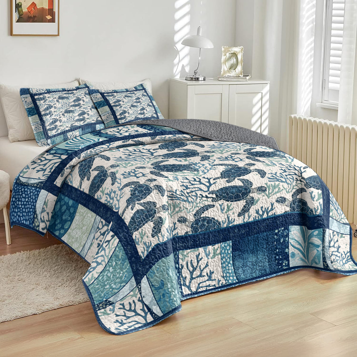 Shineful All Season Quilt 3-Piece Set Blue Ocean Turtle