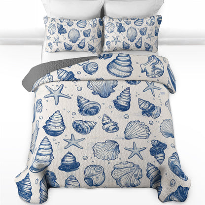 Shineful All Season Quilt 3-Piece Set Blue Seashells Pattern