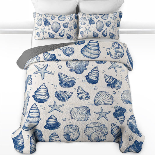 Shineful All Season Quilt 3-Piece Set Blue Seashells Pattern