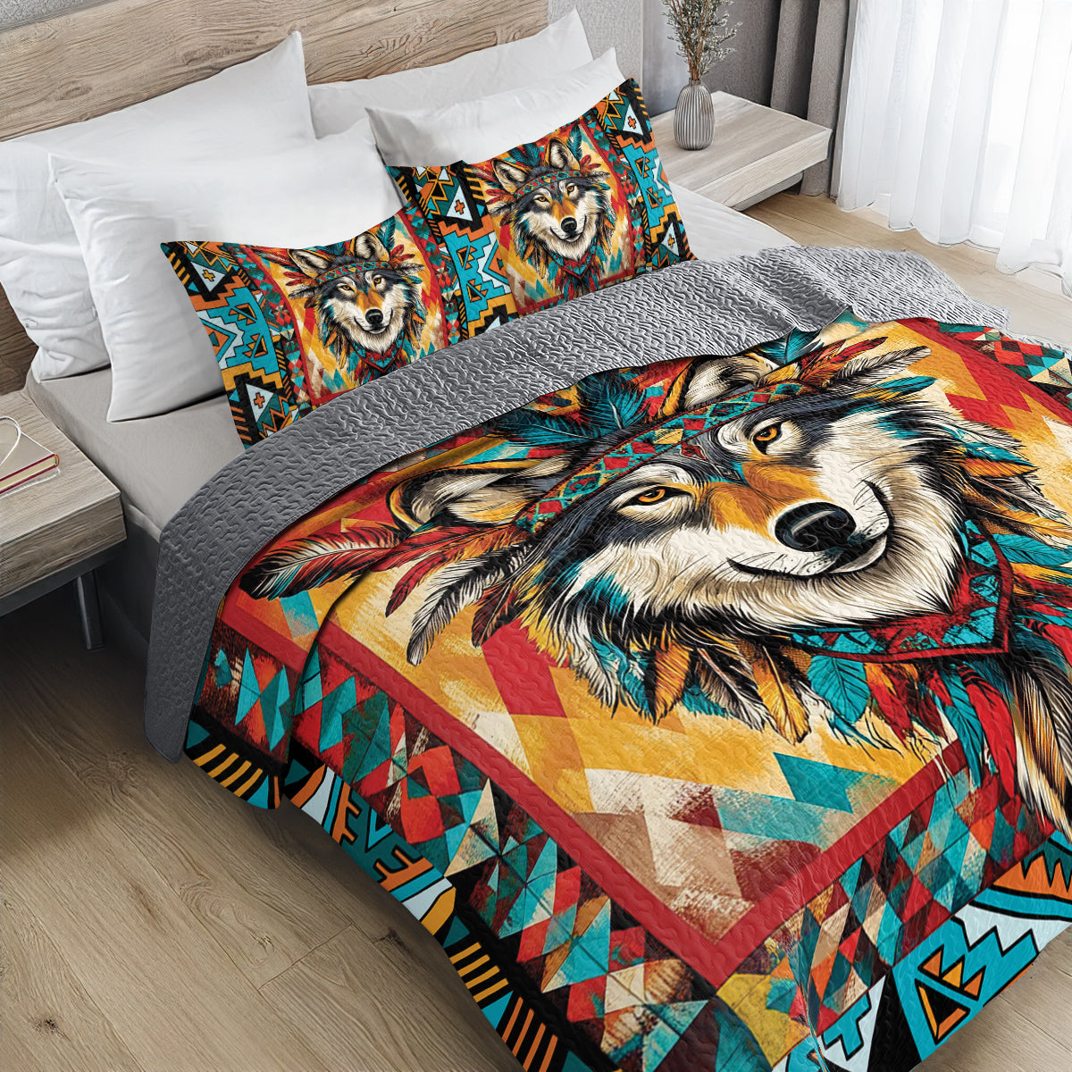 Shineful All Season Quilt 3-Piece Set - Tribal Wolf Majesty