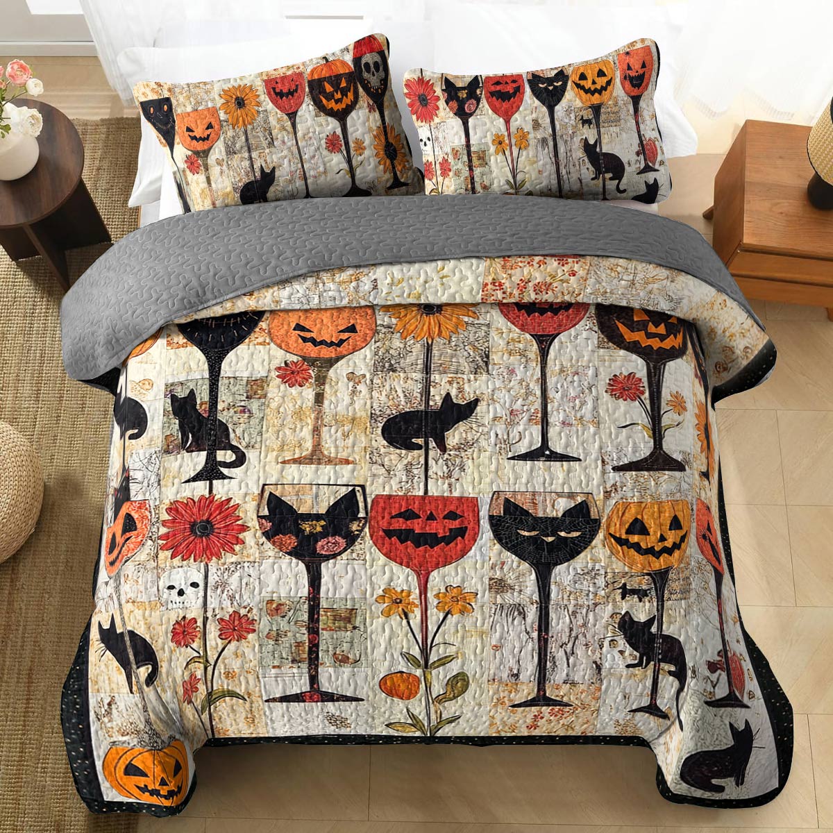 Shineful All Season Quilt 3-Piece Set Cute Halloween Wine Glasses