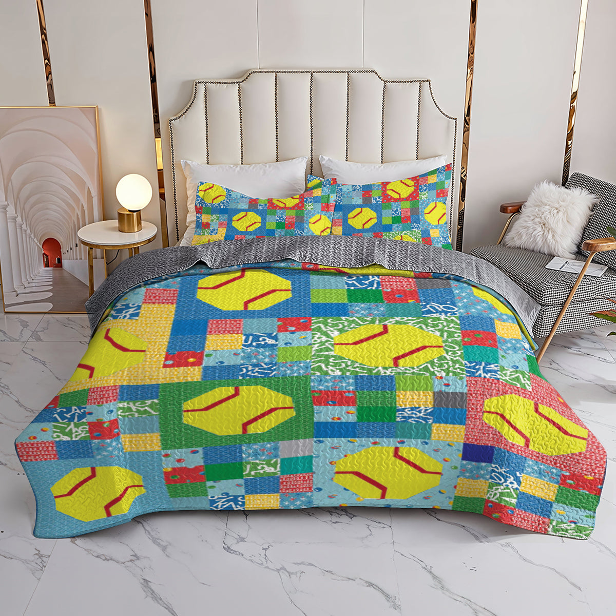 Shineful All Season Quilt 3-Piece Set Bright Softbal Patchwork