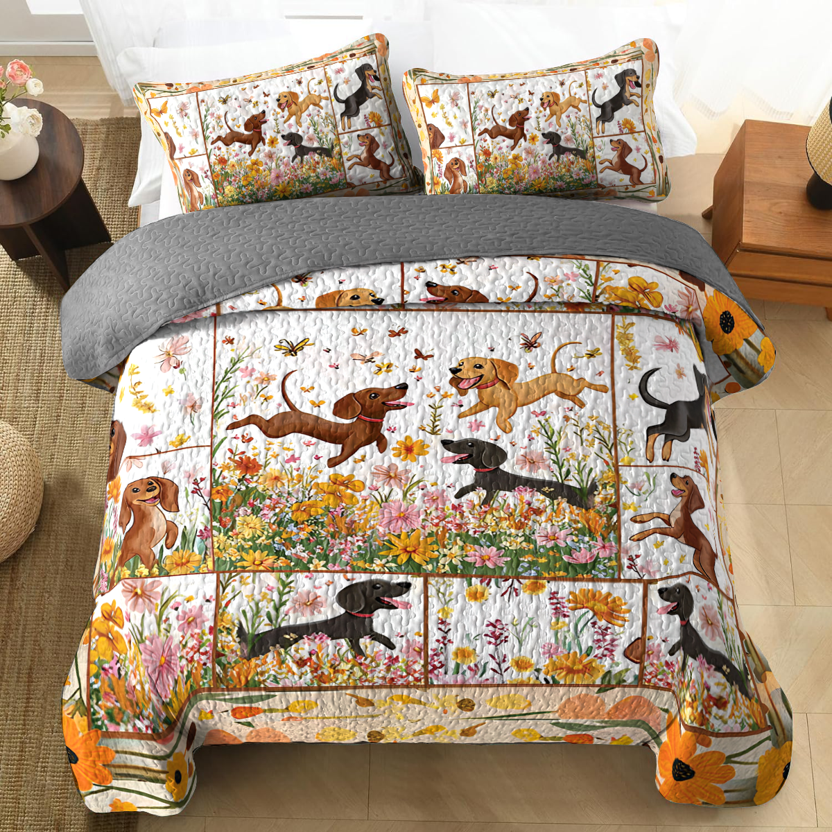 Shineful All Season Quilt 3-Piece Set - Garden Playtime with Dachshund