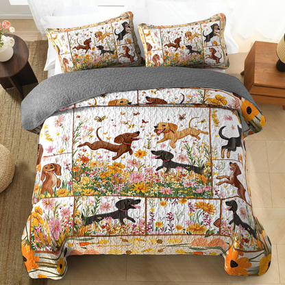 Shineful All Season Quilt 3-Piece Set - Garden Playtime with Dachshund