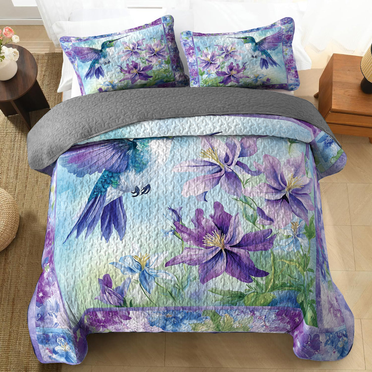 Shineful All Season Quilt 3-Piece Set Hummingbird & Purple Flower