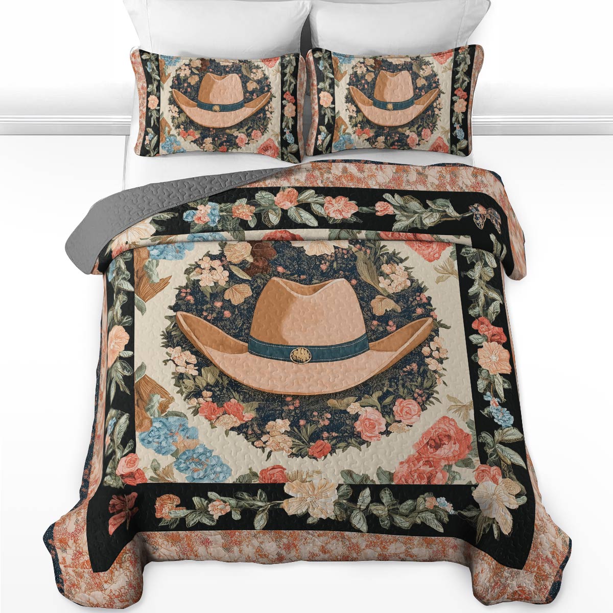 Shineful All Season Quilt 3-Piece Set - Floral Cowboy Elegant