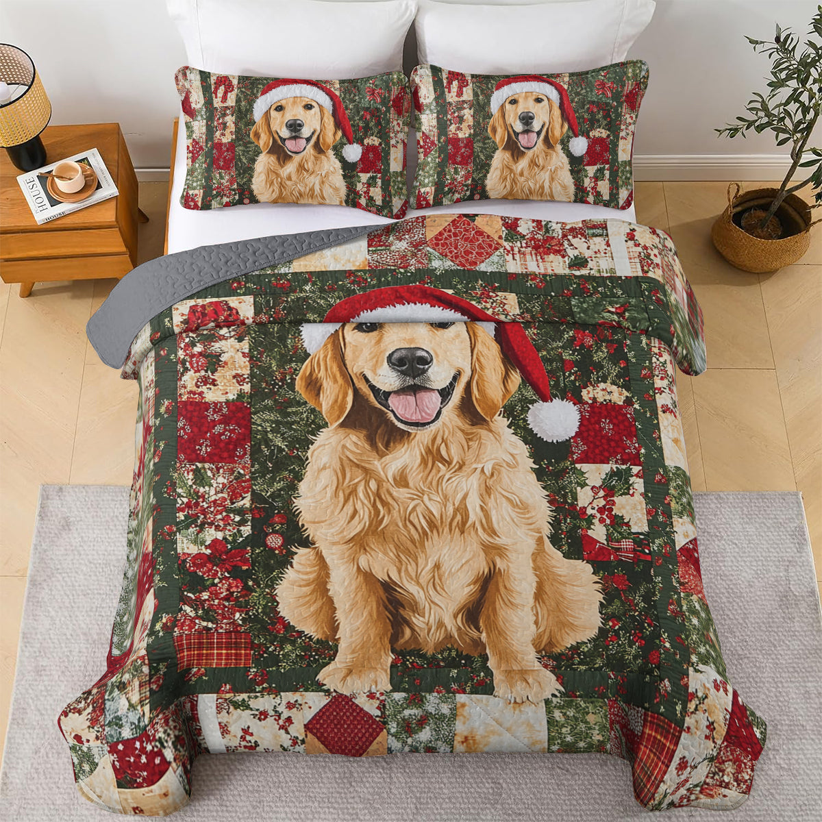 Shineful All Season Quilt 3-Piece Set Golden Retriever Christmas