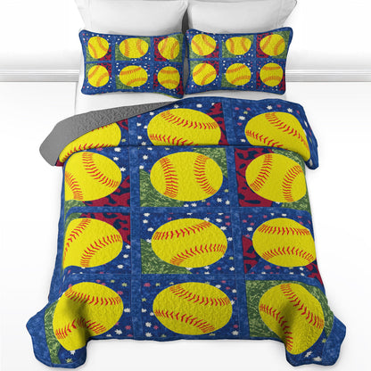 Shineful All Season Quilt 3-Piece Set Softball Patchwork