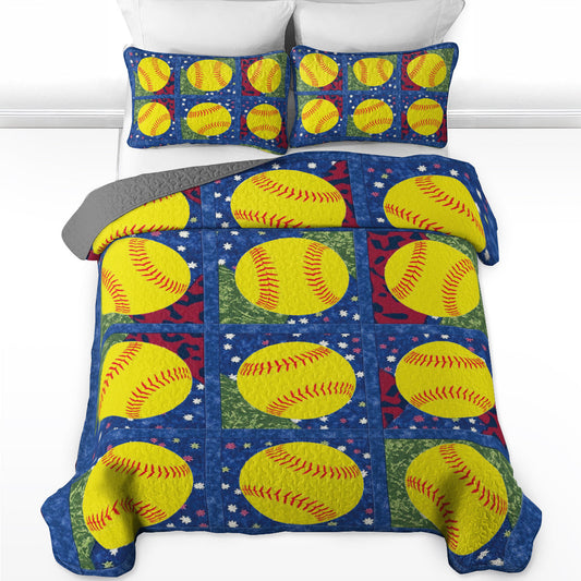 Shineful All Season Quilt 3-Piece Set Softball Patchwork