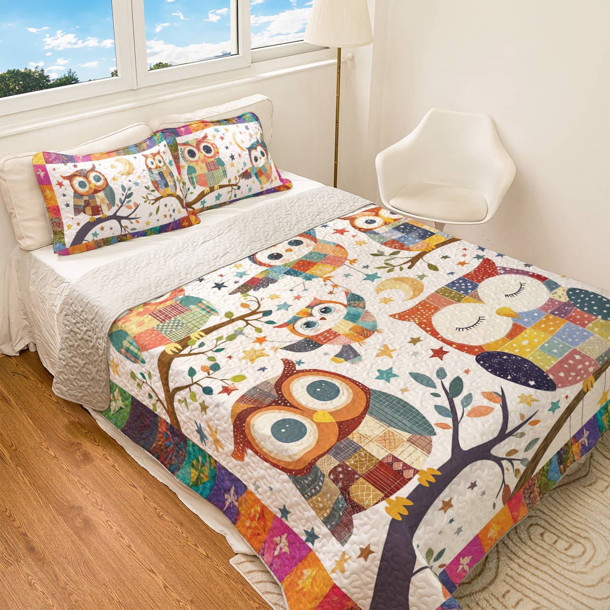 Shineful All Season Quilt 3-Piece Set Owl Patchwork