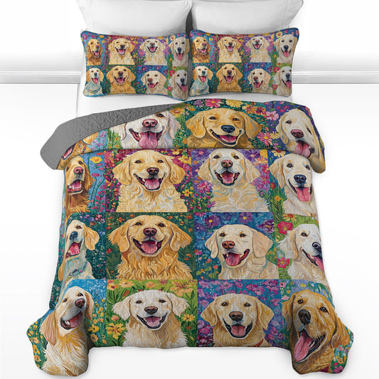 Shineful All Season Quilt 3-Piece Set Golden Retriever Garden