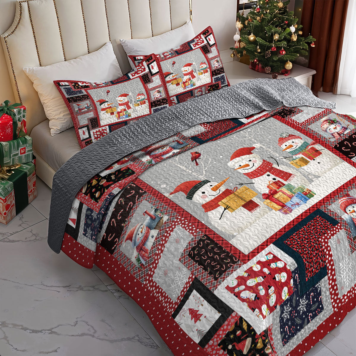 Shineful All Season Quilt 3-Piece Set Snowmen Happy