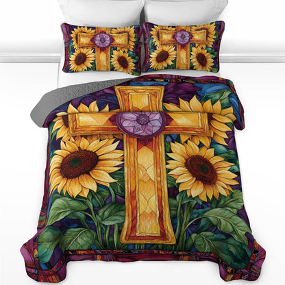 Shineful All Season Quilt 3-Piece Set Stained Sunflower Glass Cross