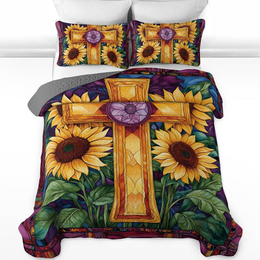 Shineful All Season Quilt 3-Piece Set Stained Sunflower Glass Cross
