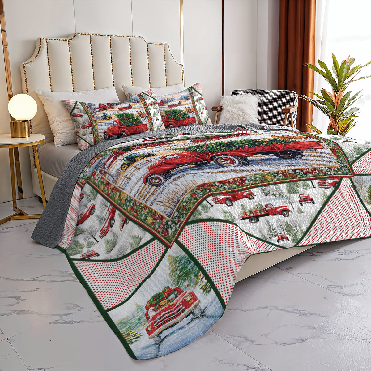 Shineful All Season Quilt 3-Piece Set - Holiday Farmhouse Truck Quilt