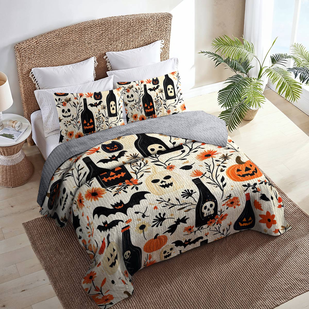 Shineful All Season Quilt 3-Piece Set Happy Halloween Wine Bottles