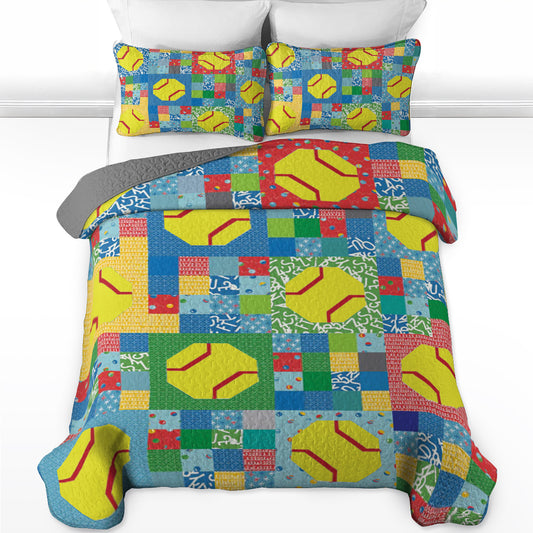 Shineful All Season Quilt 3-Piece Set Bright Softbal Patchwork