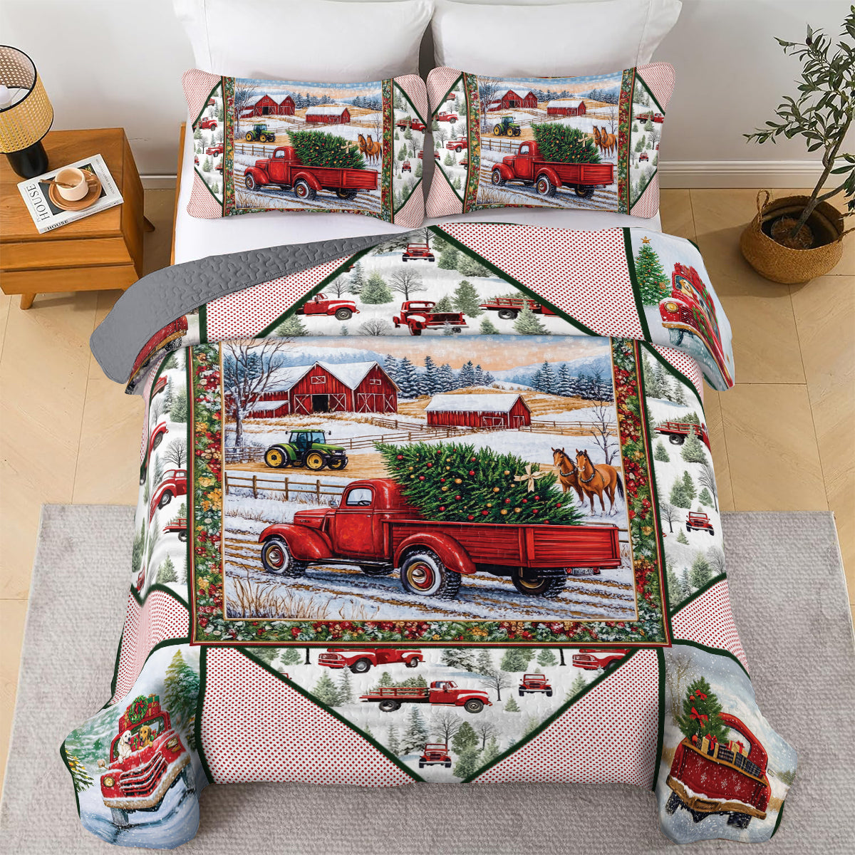 Shineful All Season Quilt 3-Piece Set - Holiday Farmhouse Truck Quilt