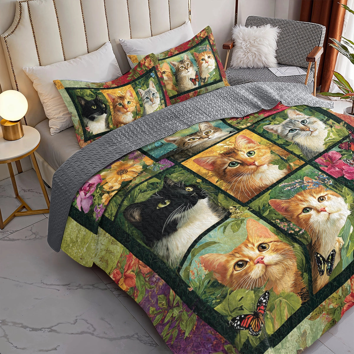 Shineful All Season Quilt 3-Piece Set Meadow Garden Cats