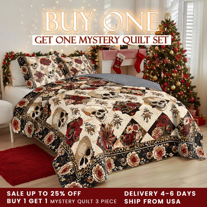 Shineful Quilt 3-Piece Set Elegent Skull Roses