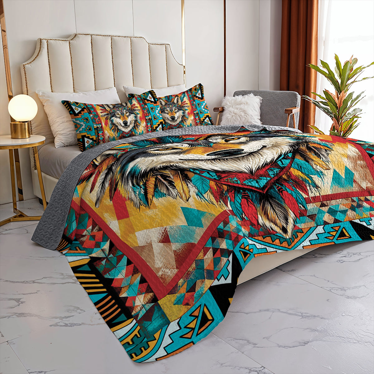 Shineful All Season Quilt 3-Piece Set - Tribal Wolf Majesty