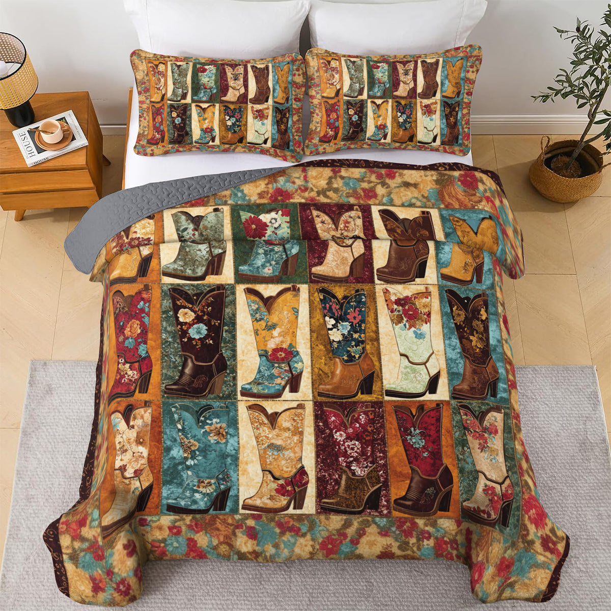 Shineful All Season Quilt 3-Piece Set Vintage Cowboy Boot