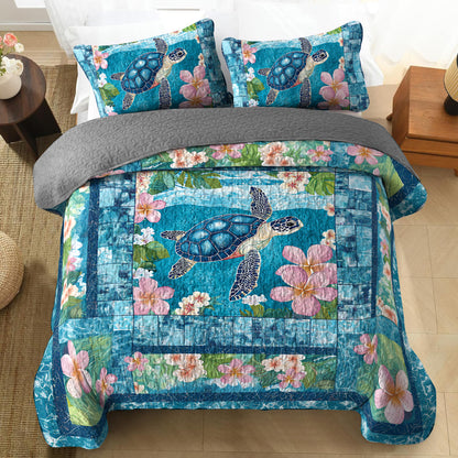 Shineful All Season Quilt 3-Piece Set Floral Plumeria Sea Turtle