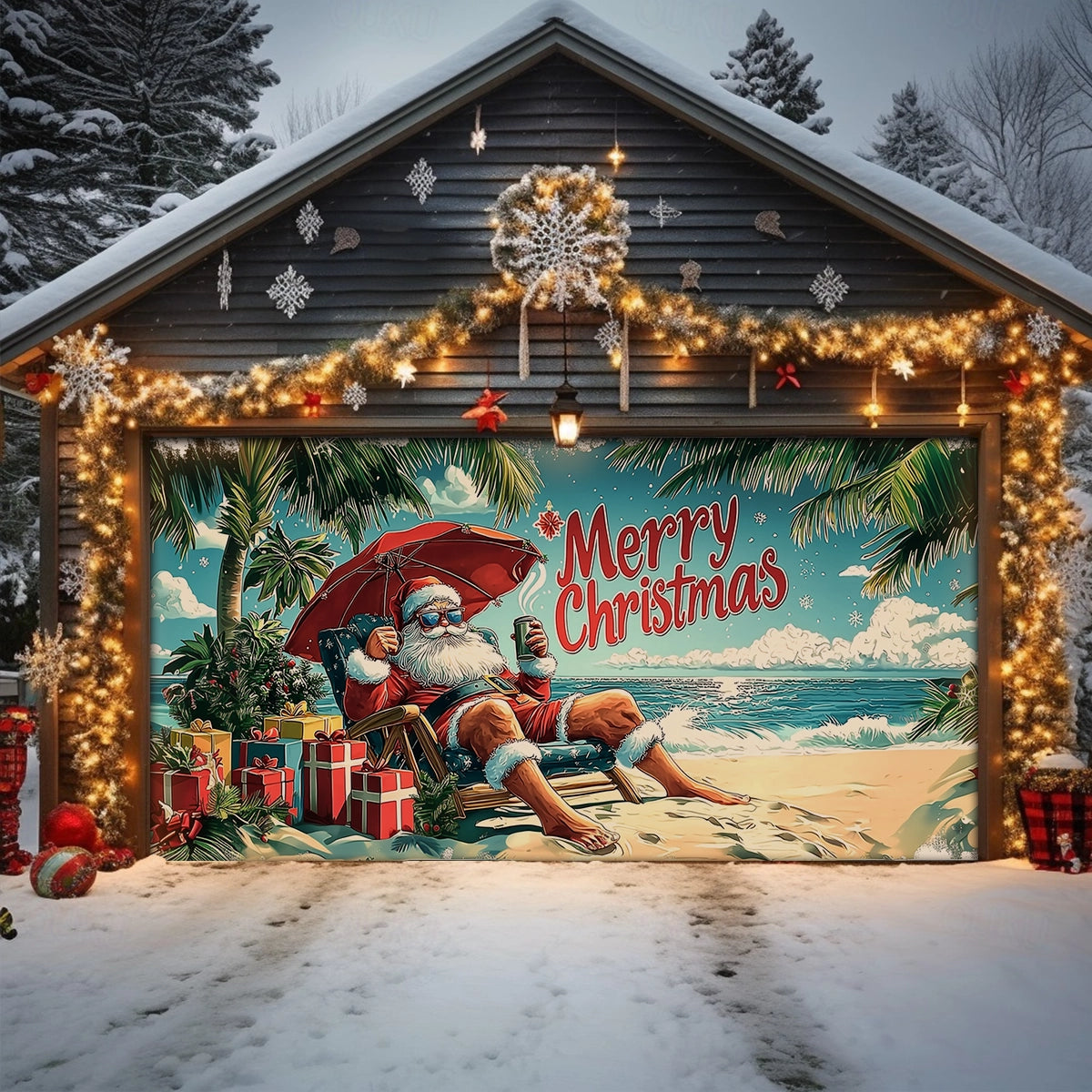 Shineful Garage Door Banner Decoration Seaside Relaxing Santa