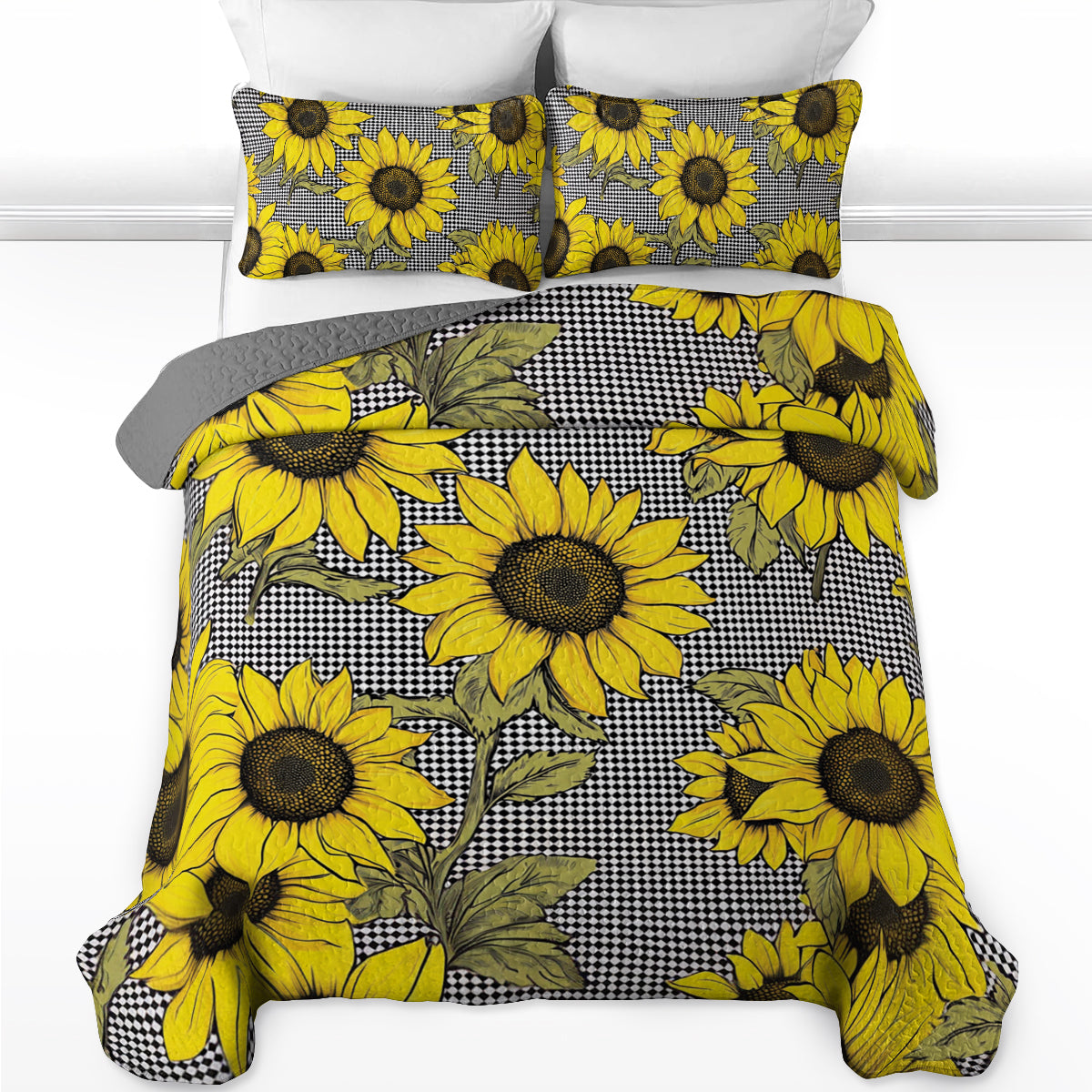 Shineful All Season Quilt 3-Piece Set Classic Sunflower And Plaid Pattern