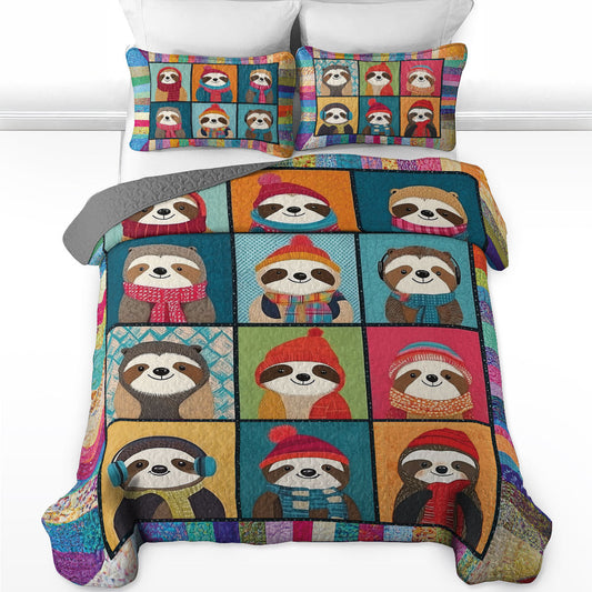 Shineful All Season Quilt 3-Piece Set Colorful Sloth Patchwork
