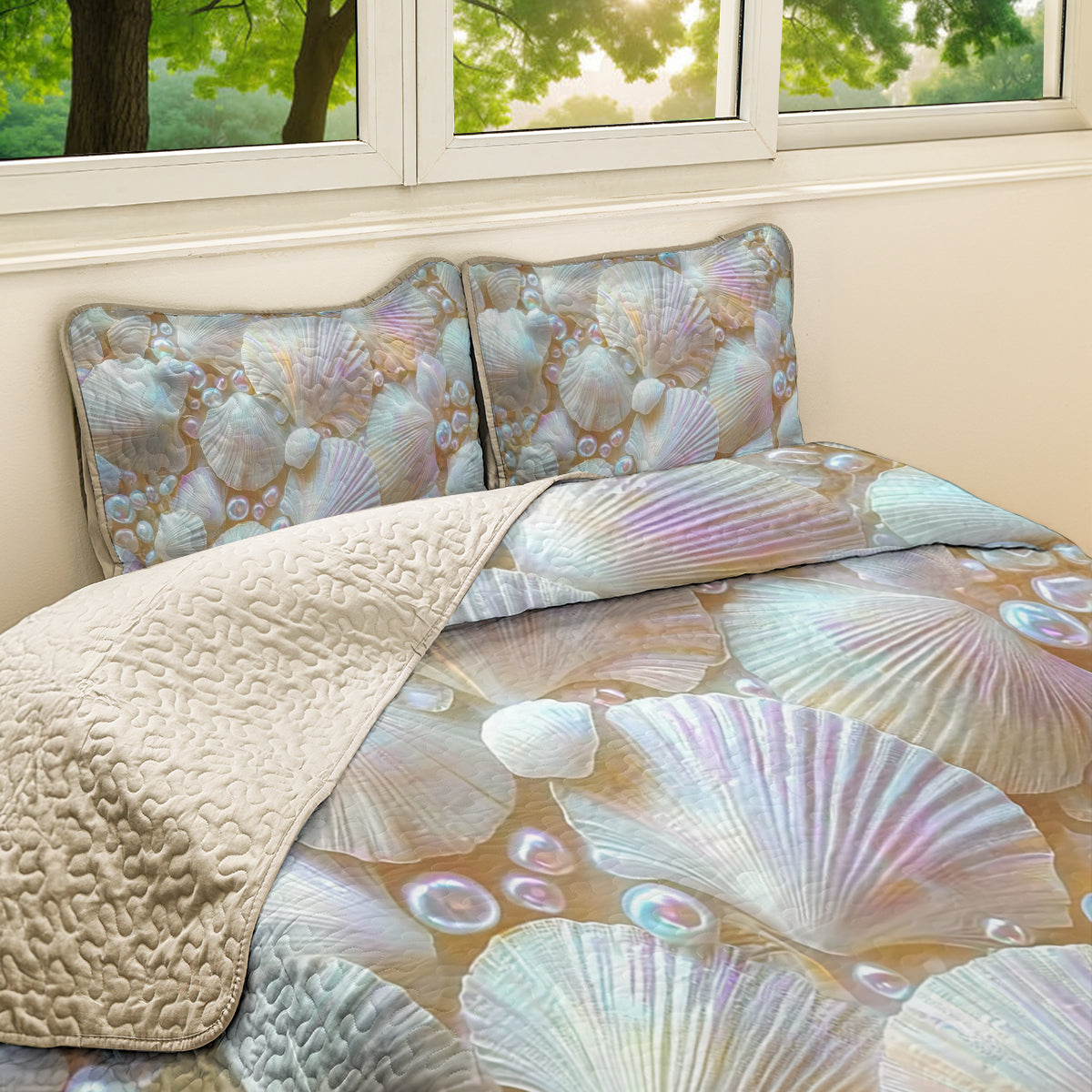 Shineful All Season Quilt 3-Piece Set Shimmer Seashells And Pearls
