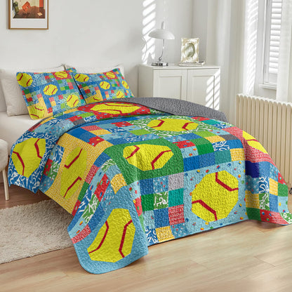 Shineful All Season Quilt 3-Piece Set Bright Softbal Patchwork