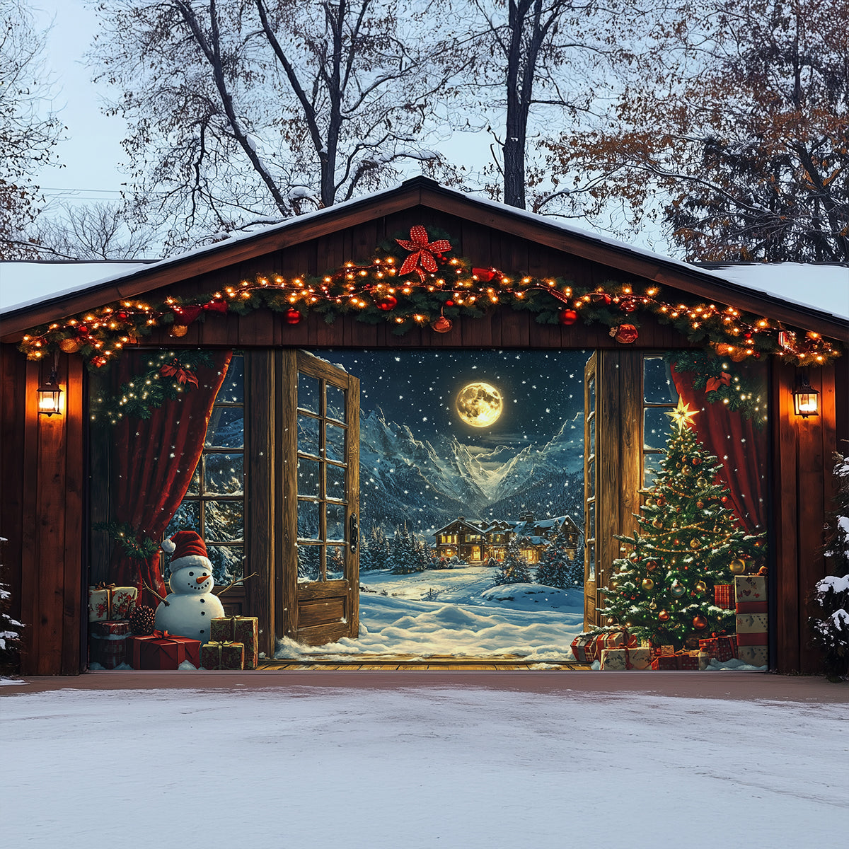 Shineful Garage Door Banner Decoration Festive Christmas Night View