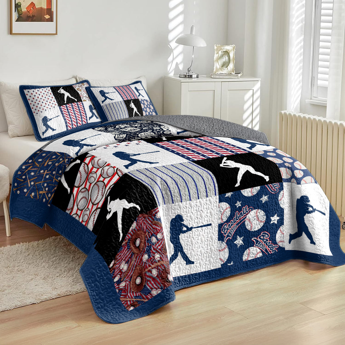 Shineful All Season Quilt 3-Piece Set Patriotic Baseball Patchwork