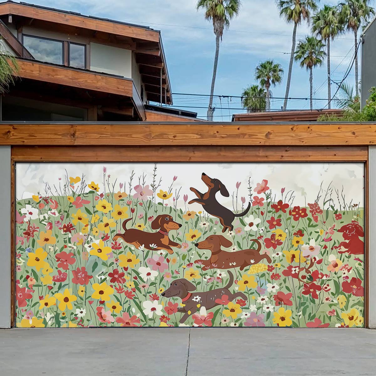 Shineful Garage Door Banner Decoration Dachshund In Flower Garden