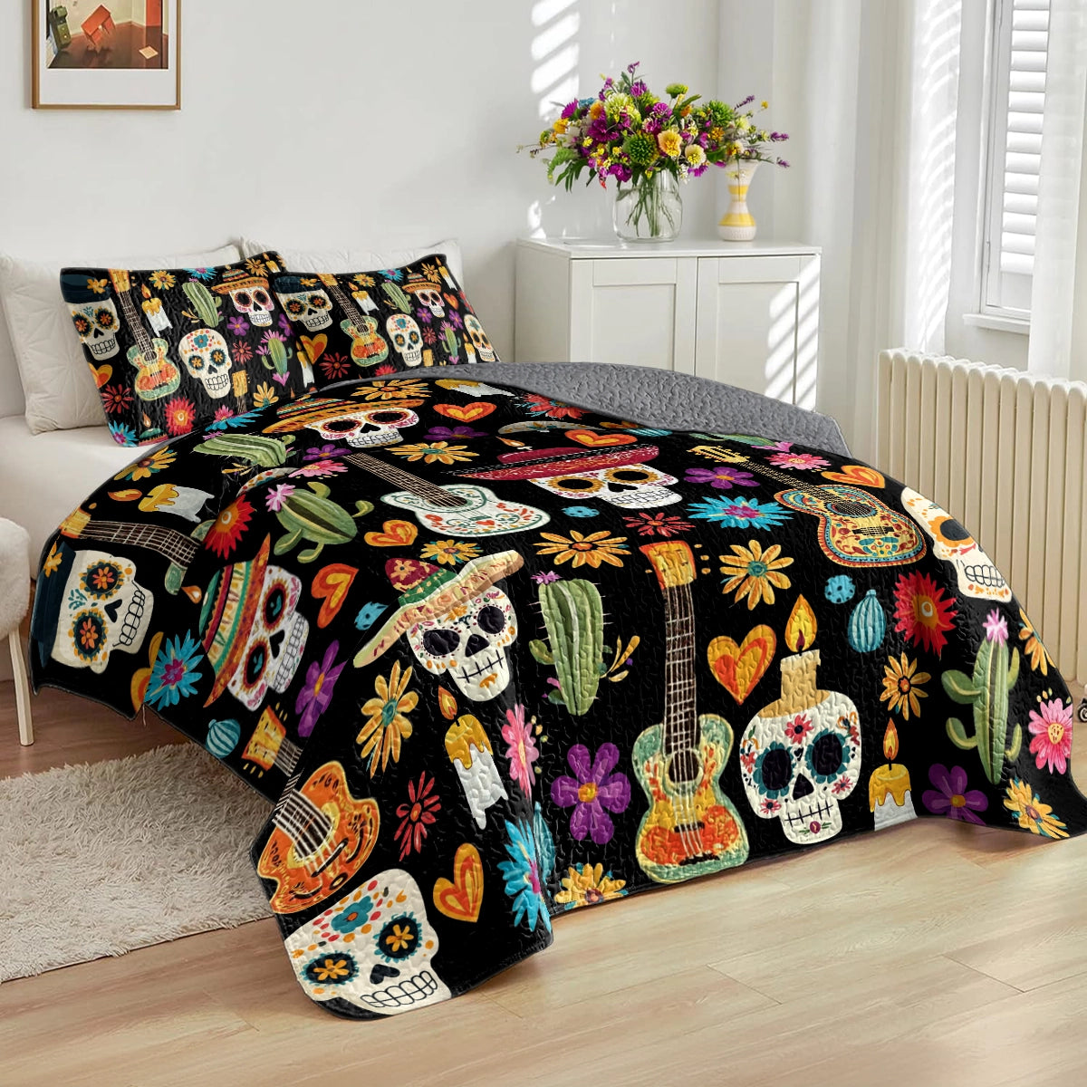 Shineful All Season Quilt 3-Piece Set Fiesta of Skulls