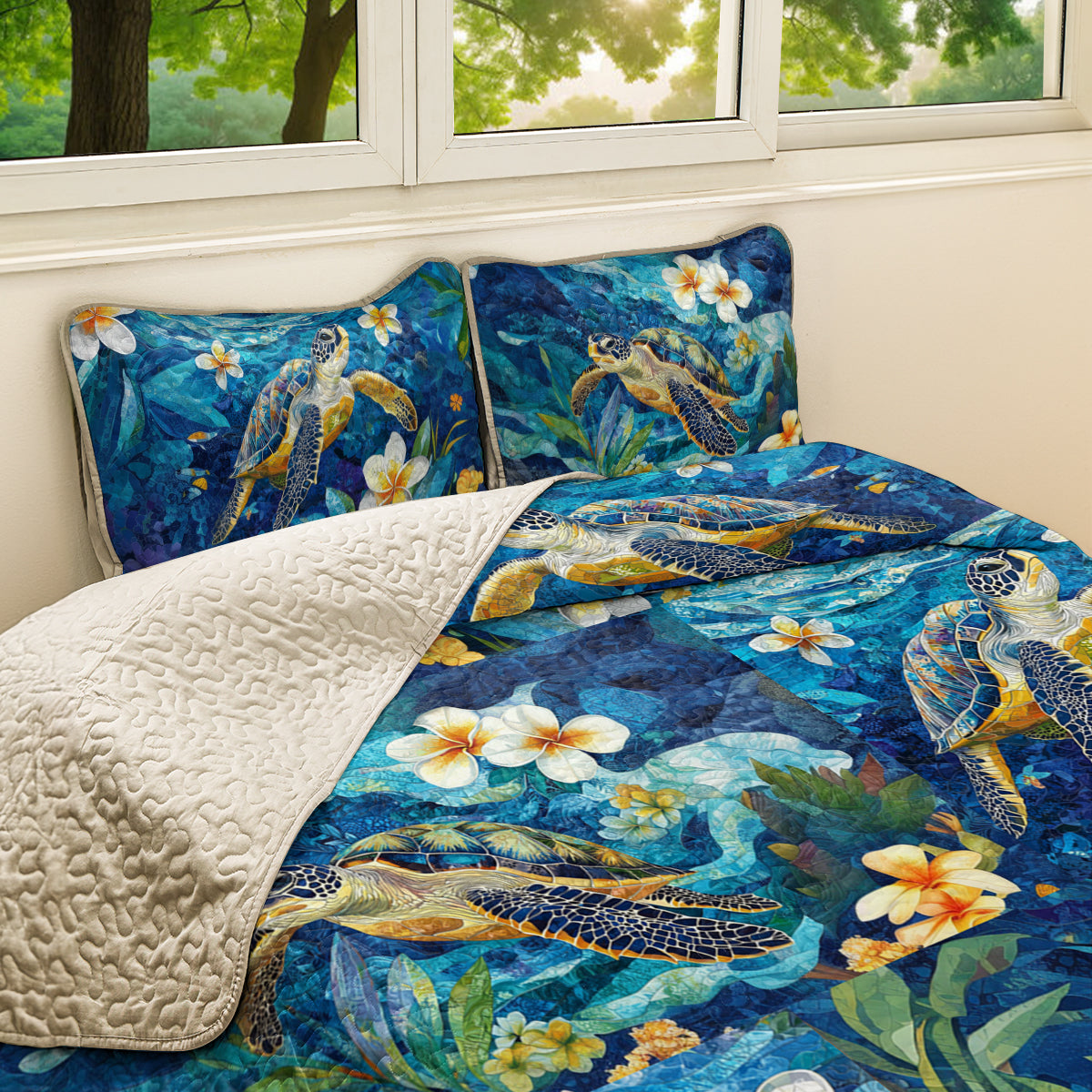 Shineful All Season Quilt 3-Piece Set Plumeria Deep Blue Sea Turtle