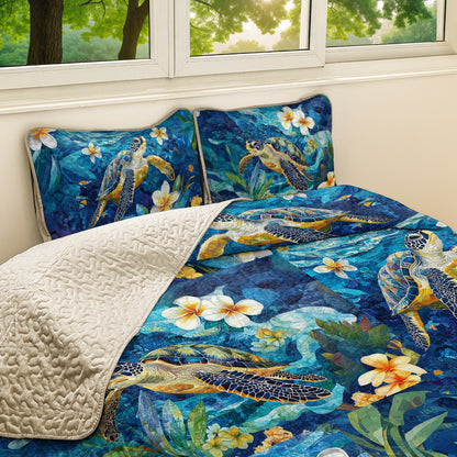 Shineful All Season Quilt 3-Piece Set Plumeria Deep Blue Sea Turtle