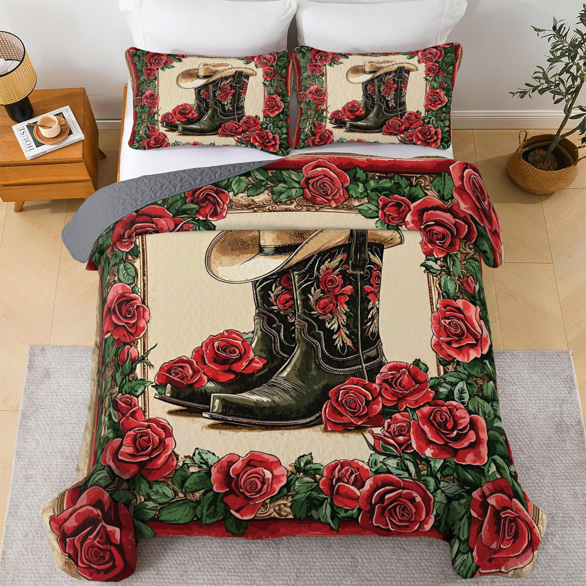Shineful All Season Quilt 3-Piece Set Cowboy Boots And Roses