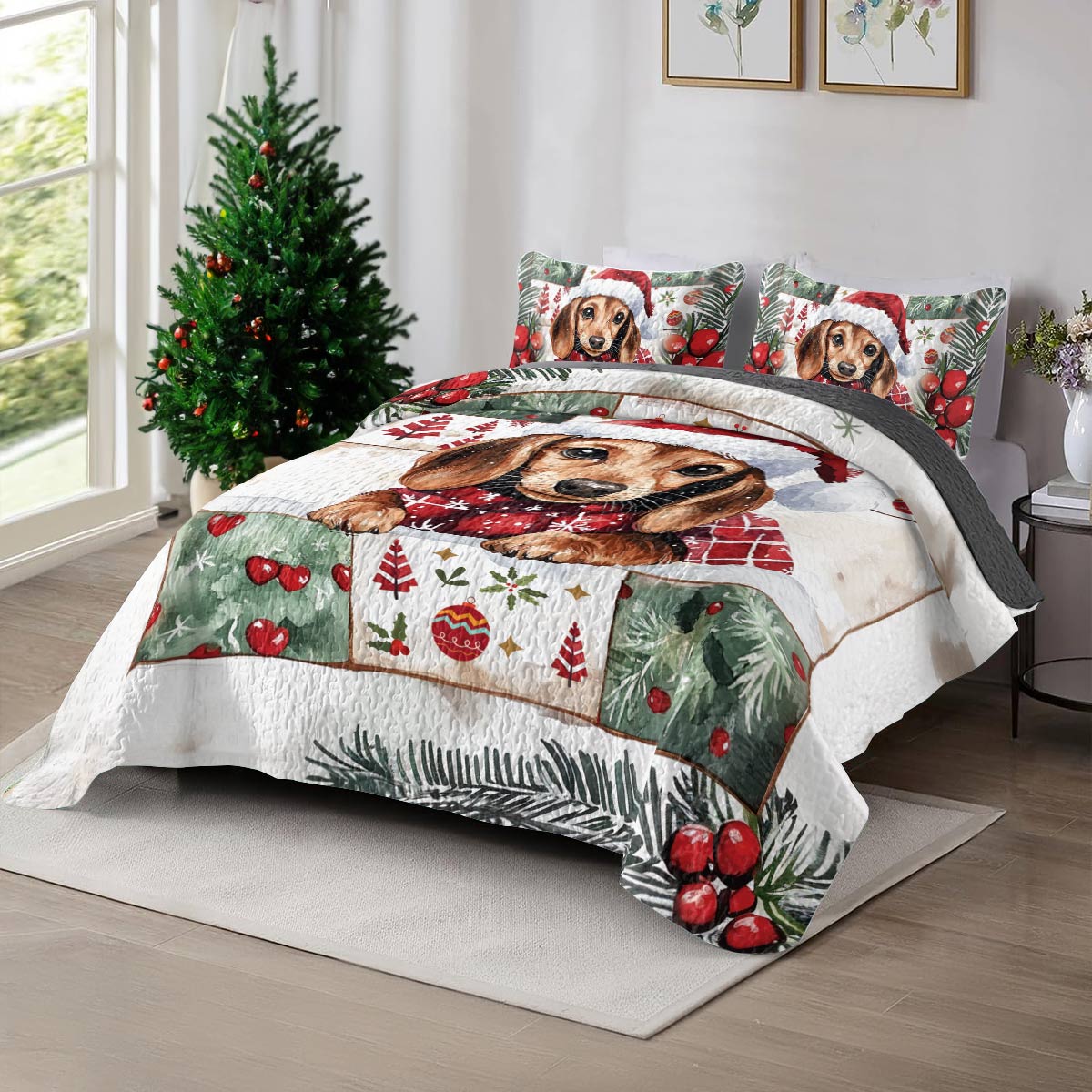 Shineful All Season Quilt 3-Piece Set Festive Dachshund