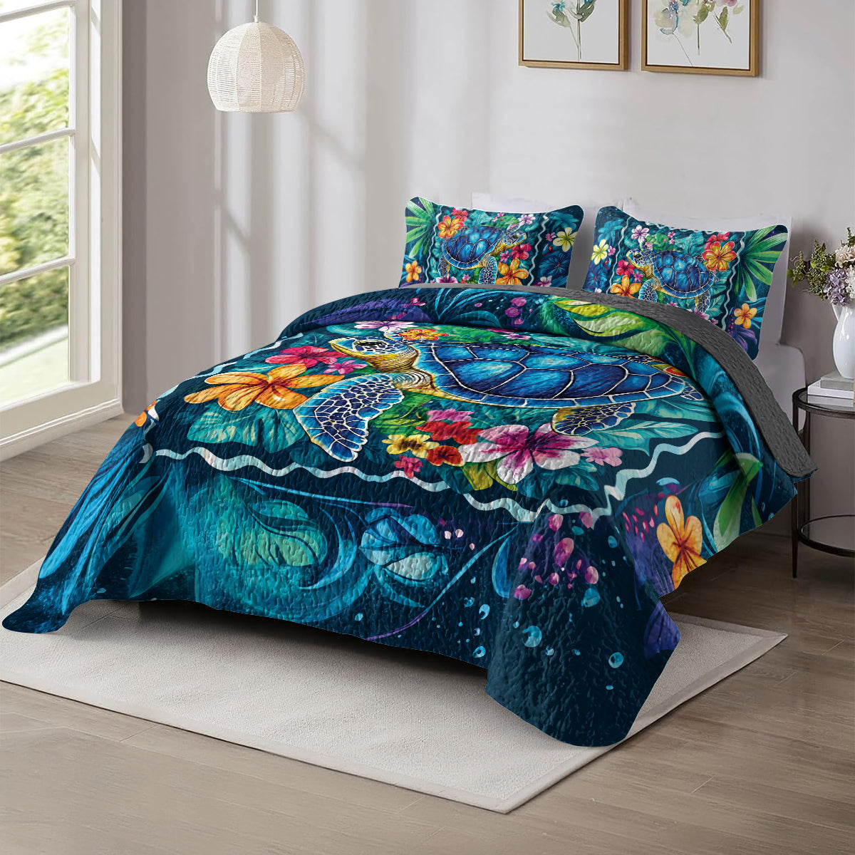 Shineful All Season Quilt 3-Piece Set - Sea Turtle Tropical Flowers